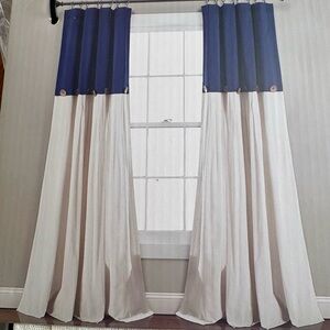 NWT Set of 2 Navy and Cream/Beige Linen Button Curtains by Lush Decor